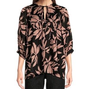 JMaria Boho Black Leaf Print Split Round Tie Neck 3/4" Puff Sleeve Flounce Tunic
